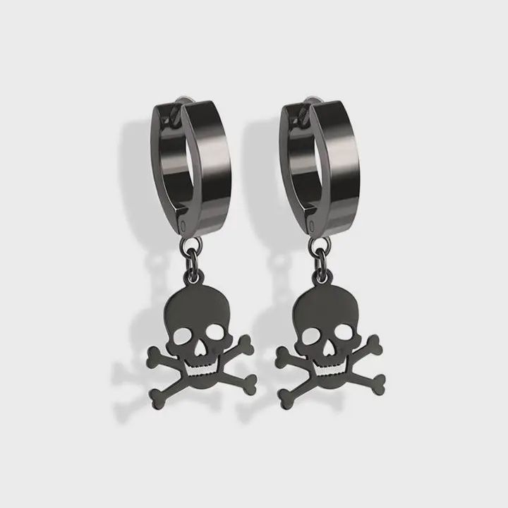 Black SS Skull Crossbones Hoop Earrings