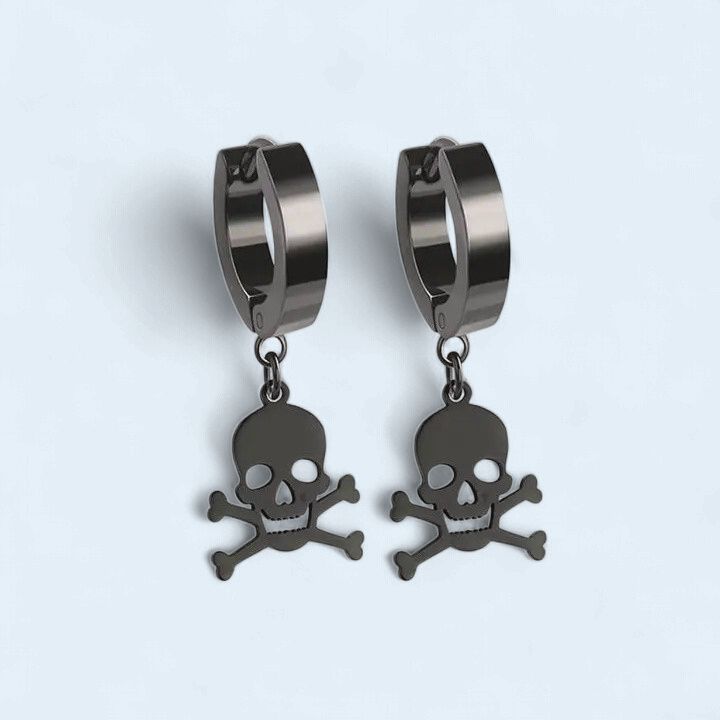 Black 316L Stainless Steel Skull Crossbones Hoop Earrings