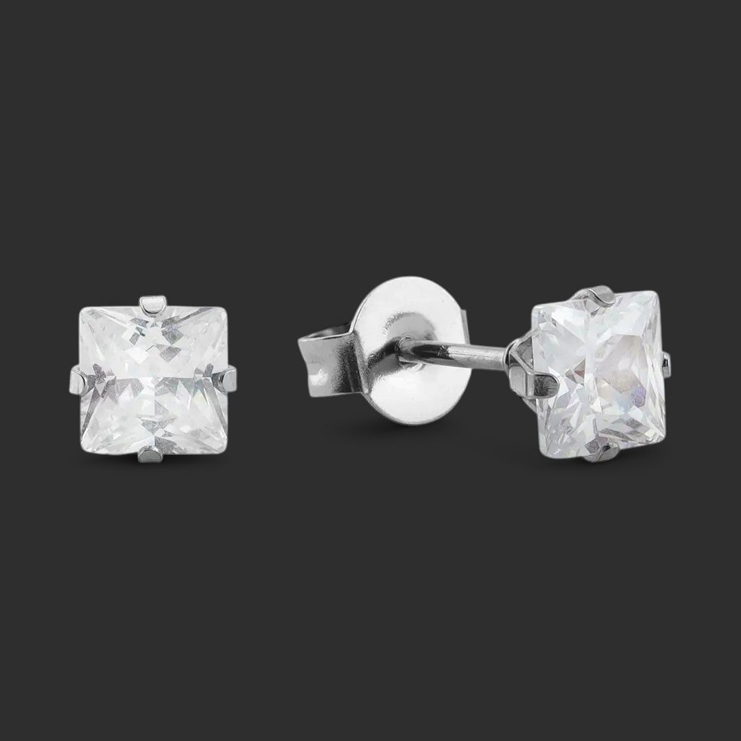 Stainless Steel Clear Square Cz Stud Earrings