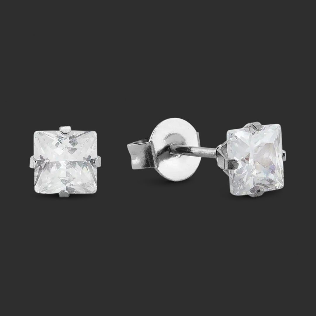 Stainless Steel 7mm Clear Square Cz Stud Earrings