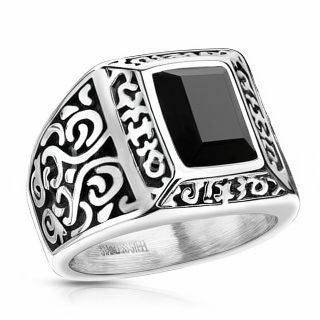Faceted Rectangular Black Gem on a Vintage Filigree 316L Stainless Steel Ring