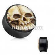 9/16" 14mm 3D Hand Carved Bone Skull Organic Buffalo Horn Double Flared Plug Pair