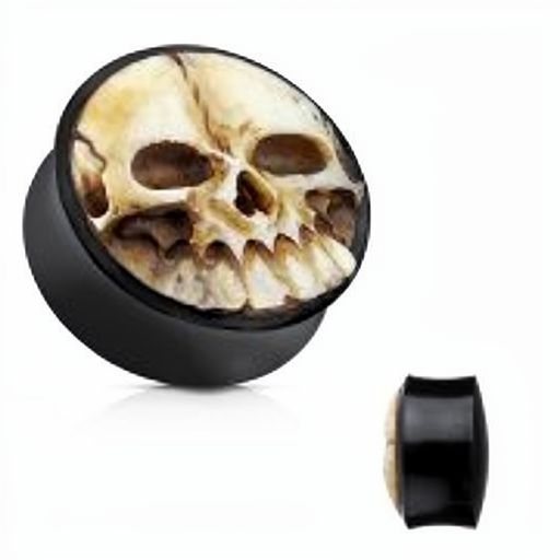 1" 25mm 3D Hand Carved Bone Skull Organic Buffalo Horn Double Flared Plug Pair