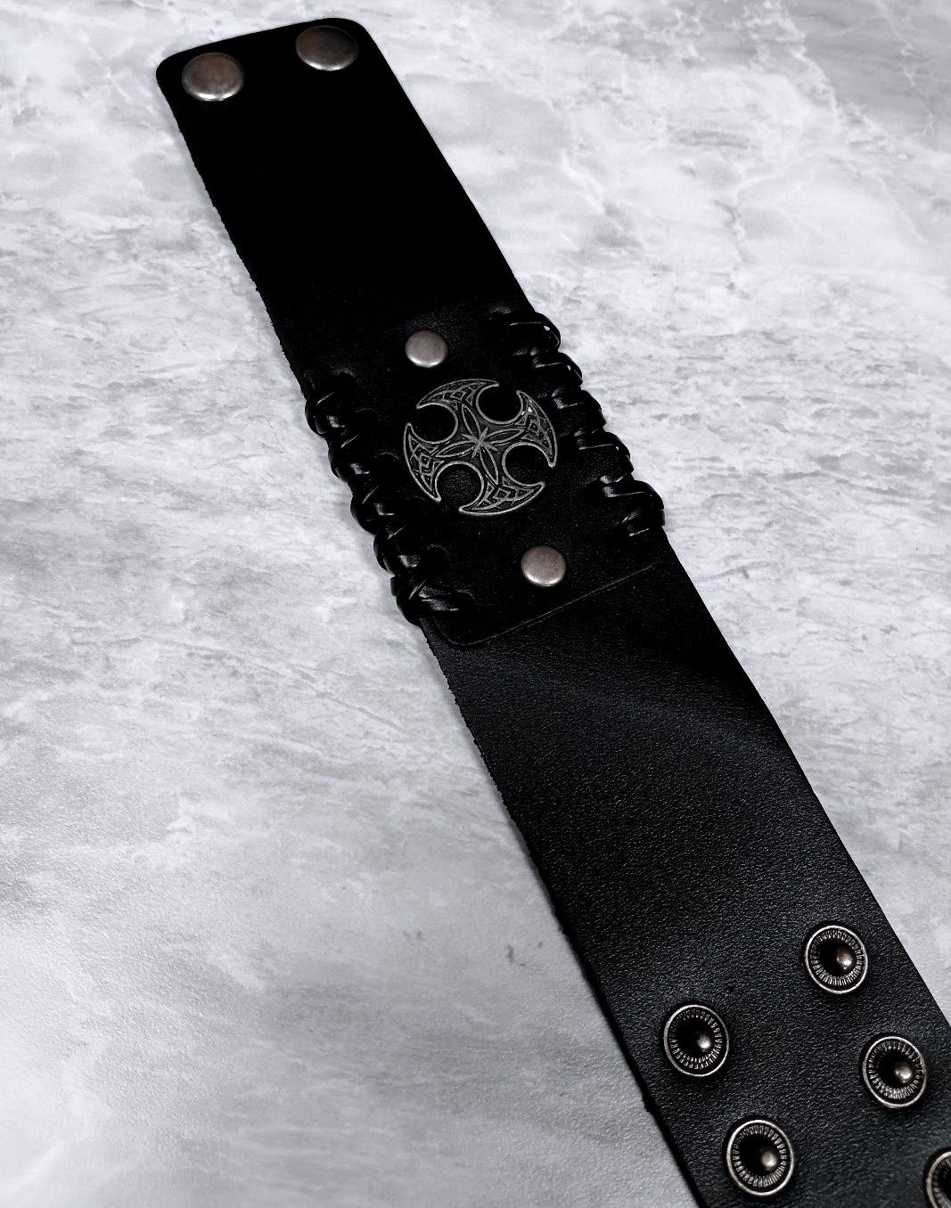 Black Round Celtic Cross Center Adjustable Leather Bracelet