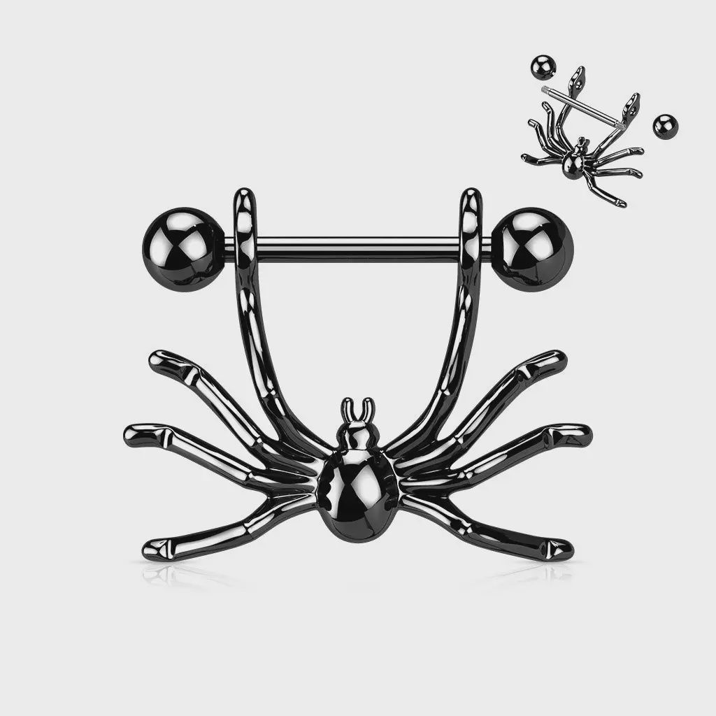 Pair Hanging Black Spider Nipple Rings Shields Steel Barbells Body Jewelry