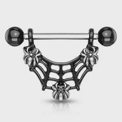 Pair Three Spiders in Black Web Spiderweb Nipple Rings Shields