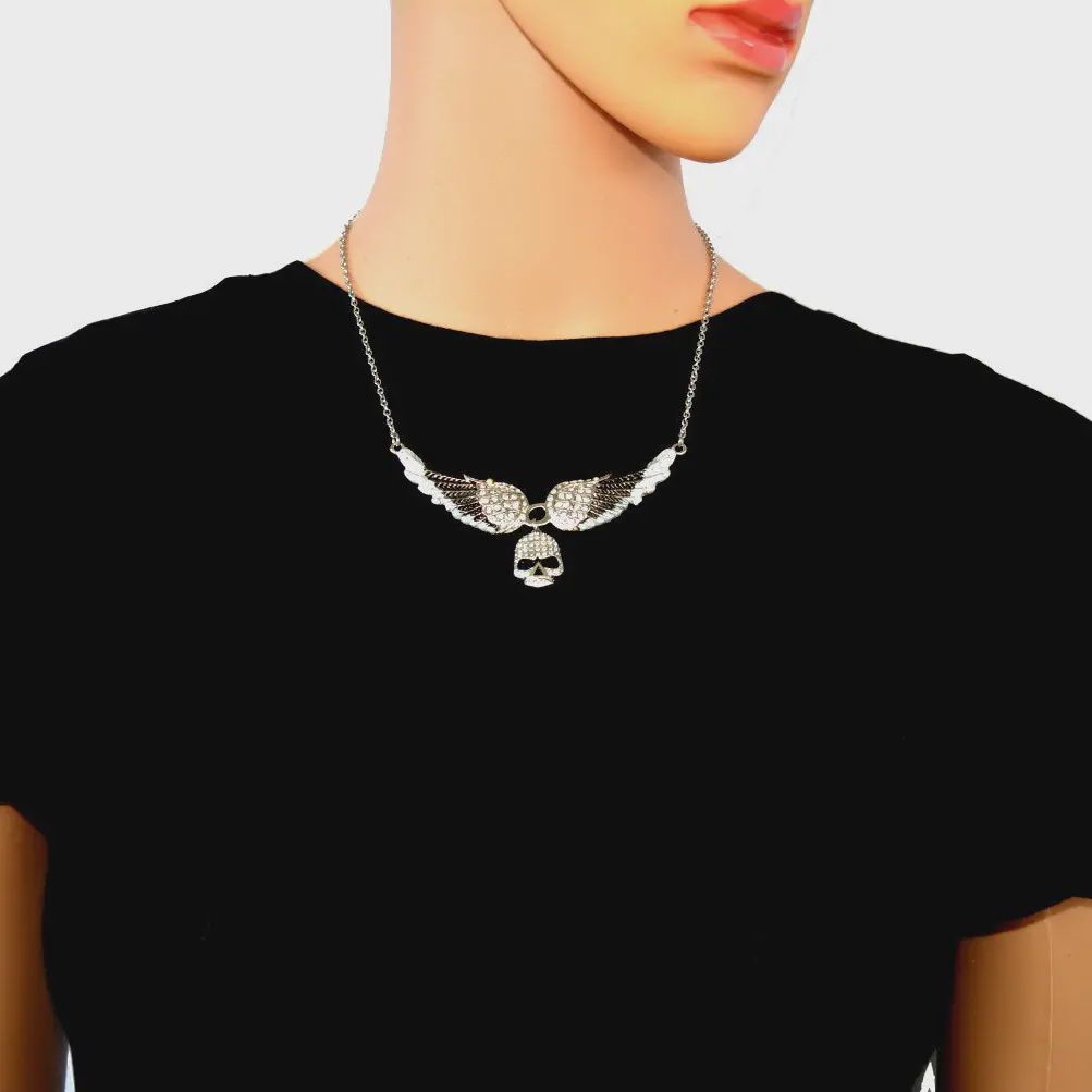 Small Black Painted Winged Necklace with Skull White Imitation Crystals