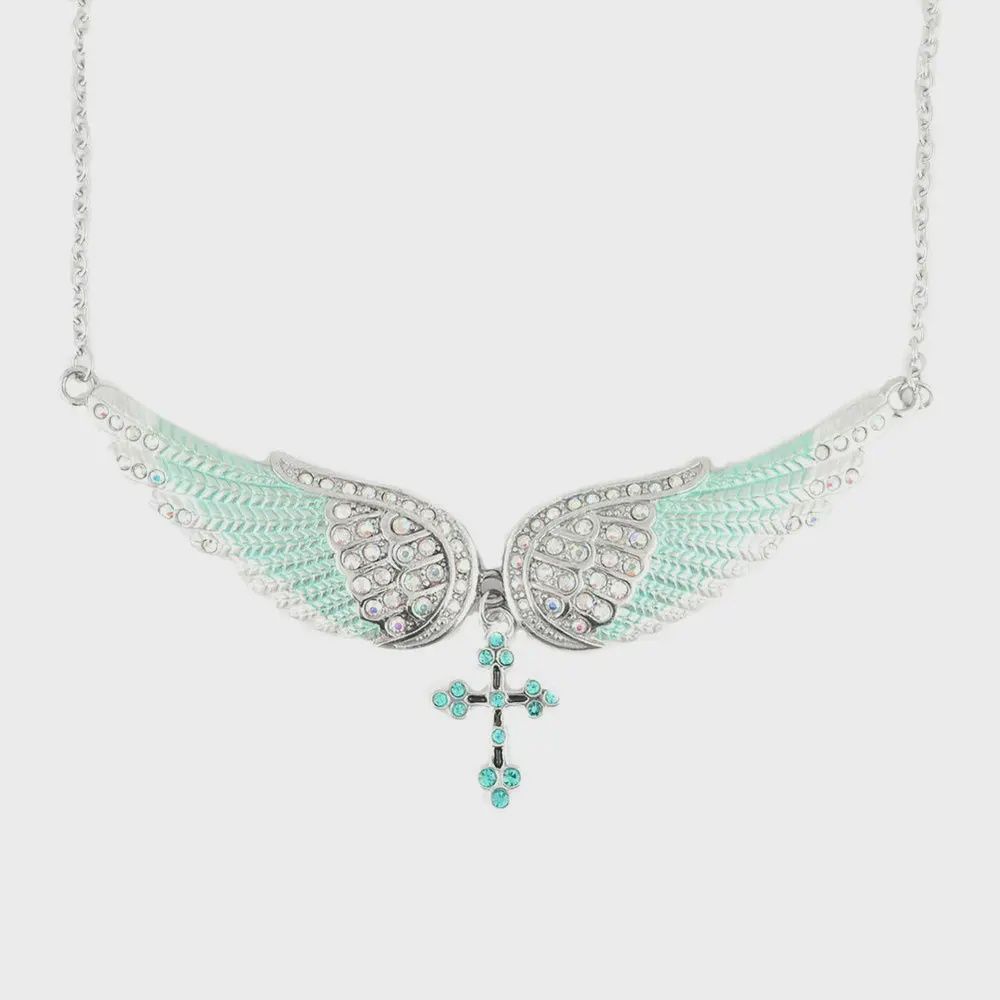 Seafoam Green Painted Winged Necklace with Cross White Imitation Crystals