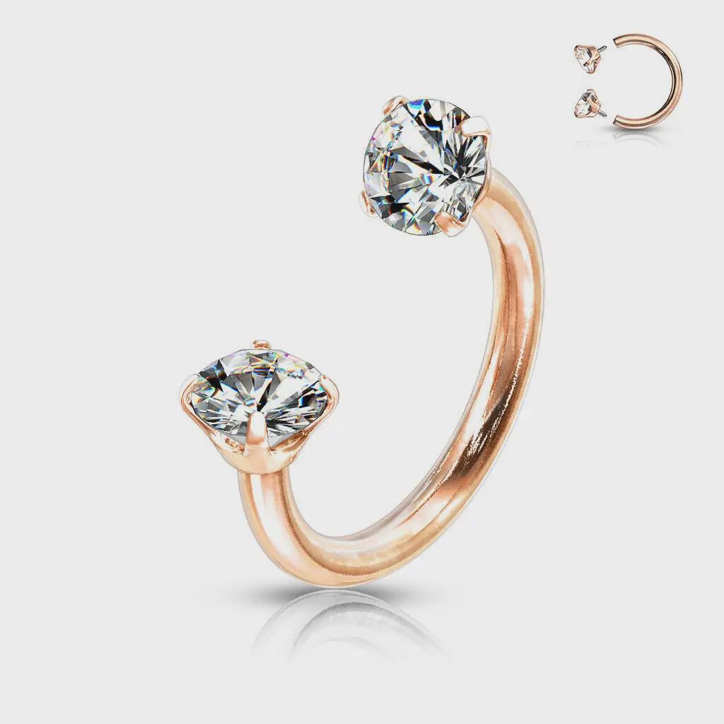 Rose Gold Prong Set Gems Circular Barbell Horseshoe Lip Nipple Septum Ring 16g