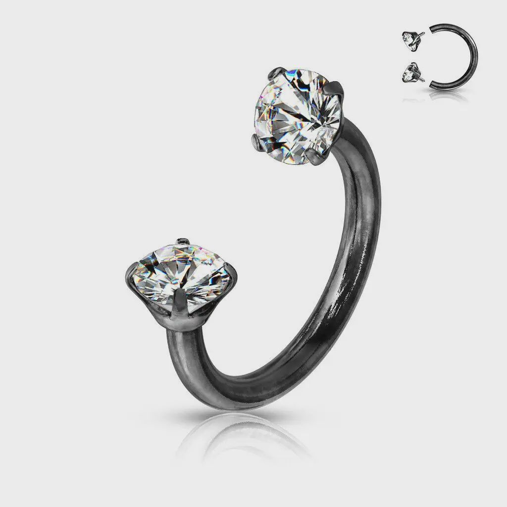 Black Prong Set Gems Circular Barbell Horseshoe Lip Nipple Septum Ring 16g