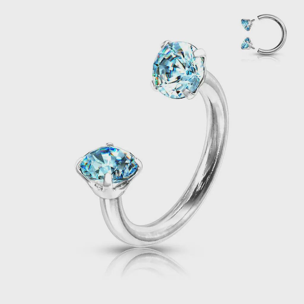 Aqua Prong Set Gems Circular Barbell Horseshoe Lip Nipple Septum Ring 16g