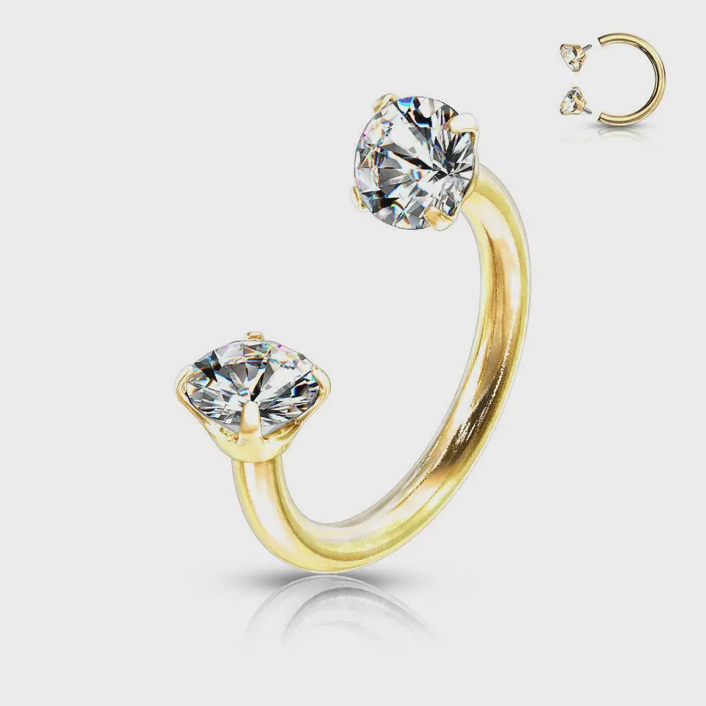Gold Prong Set Gems Circular Barbell Horseshoe Lip Nipple Septum Ring 16g