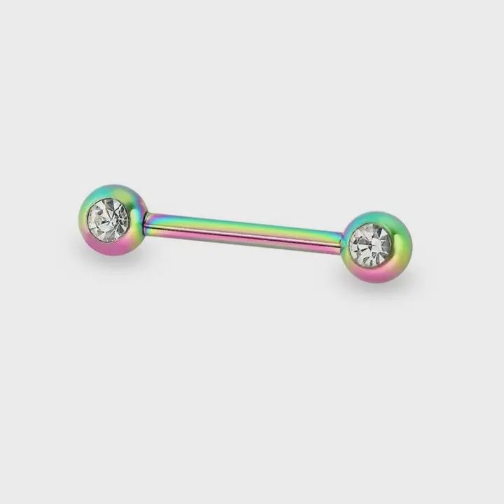 14g Rainbow Double Cz Titanium Ip Over 316L Surgical Steel Nipple Bar