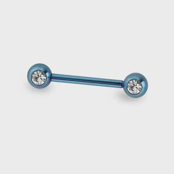 14g Blue Double Cz Titanium Ip Over 316L Surgical Steel Nipple Bar
