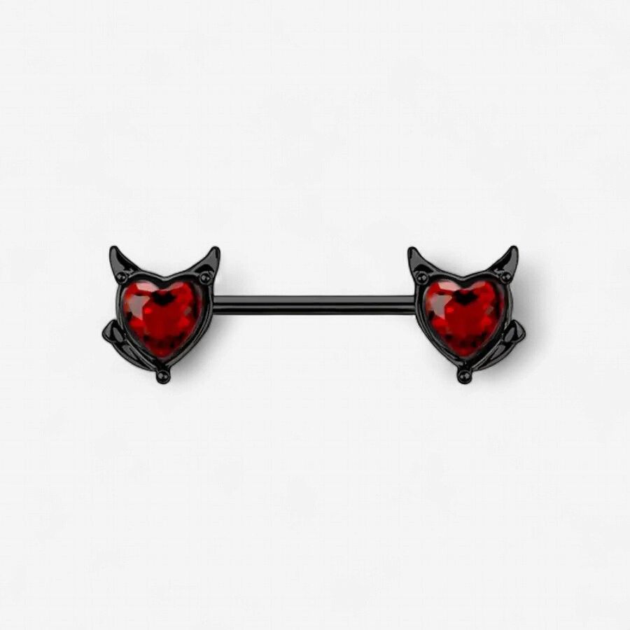 14g Pair of Devil Heart 316L Surgical Steel Nipple Bar Black &amp; Red