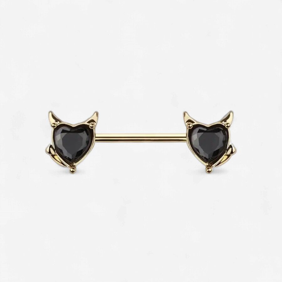 14g Gold Pair Devil Heart 316L Surgical Steel Nipple Bar