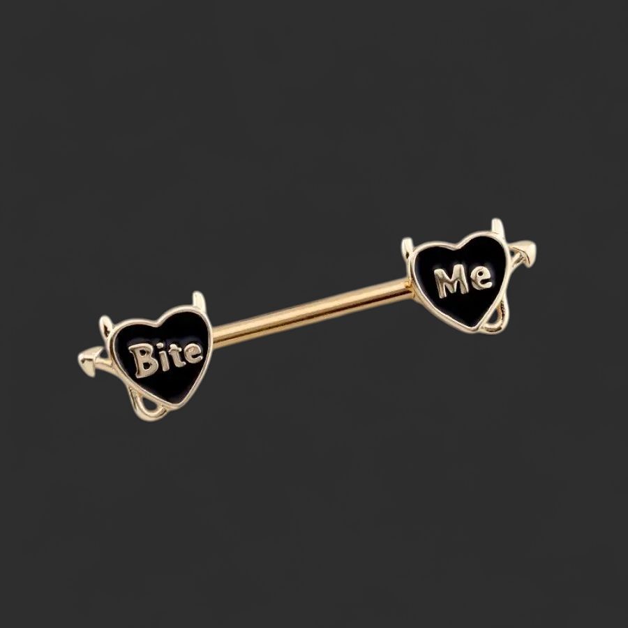 14g Gold Pair Heart Shape Bite Me Engrave Naughty 316L Surgical Steel Nipple