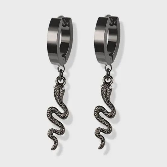Black Pair of Stainless Steel Huggie/Hoop Earrings W/Snake Dangle