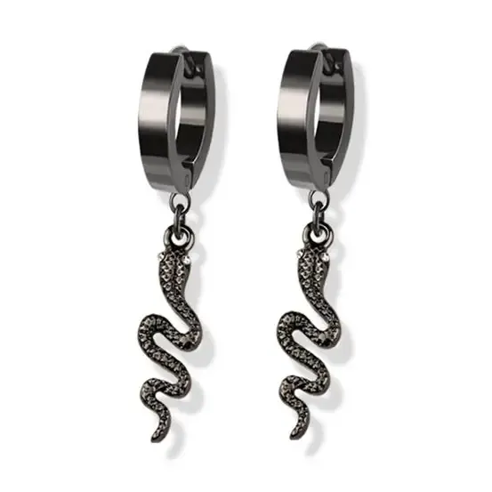 Black Pair of Stainless Steel Huggie/Hoop Earrings W/Snake Dangle