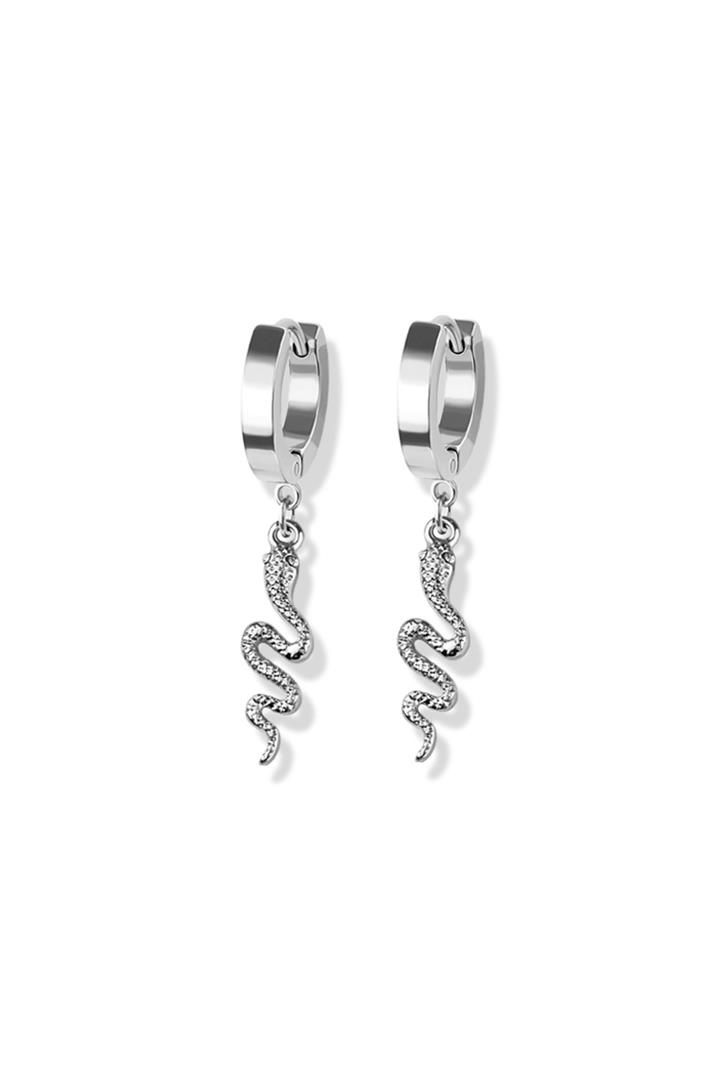 Silver Pair of Stainless Steel Huggie/Hoop Earrings W/Snake Dangle