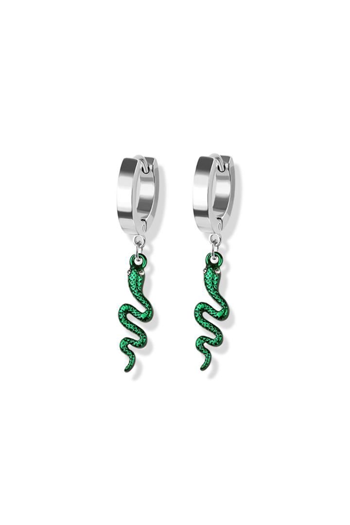 Green Pair of Stainless Steel Huggie/Hoop Earrings W/Snake Dangle