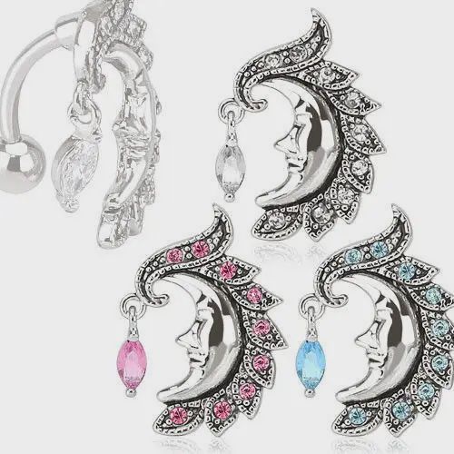 14g Aqua Reverse Crescent Moon Face Belly Ring Marquise Cz Gem Pierced Navel Topdown