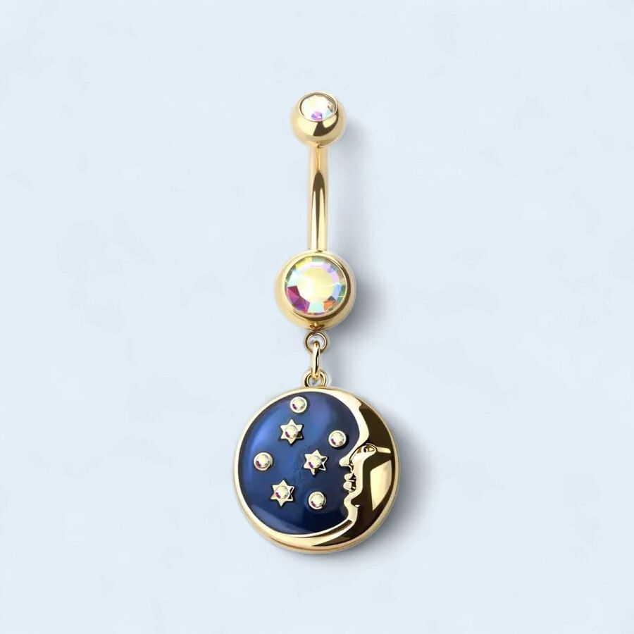 14g Gold Starry Night Moon Disc Dangle 316L Surgical Steel Navel Ring