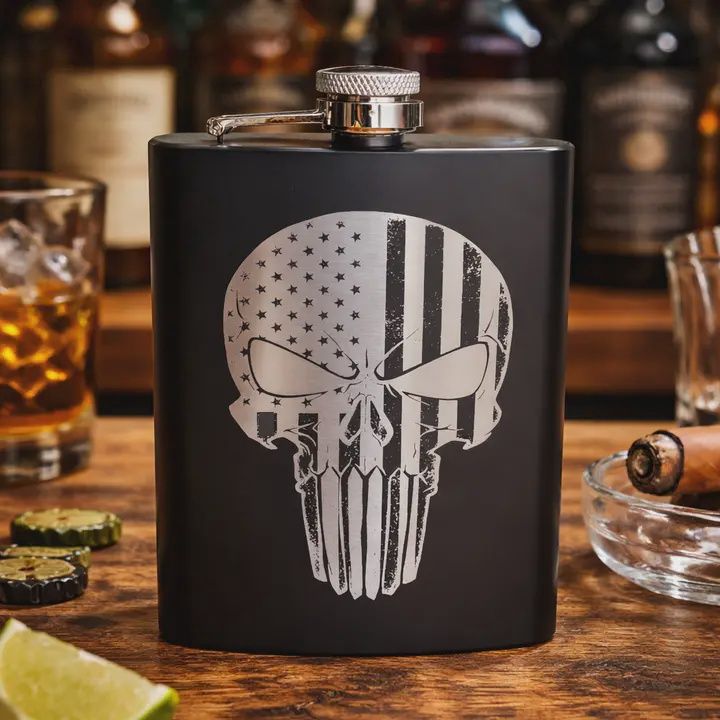 Black Stainless Steel Pocket Flask Punisher Skull Us Flag