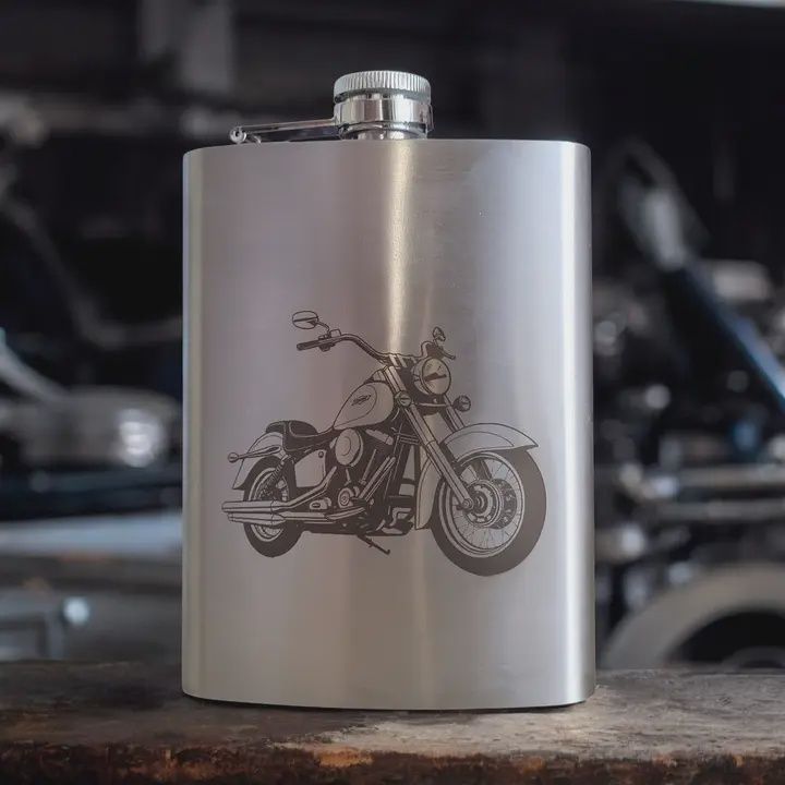 Motorcycle Engraved Stainless Steel 8 oz. Hip Pocket Flask