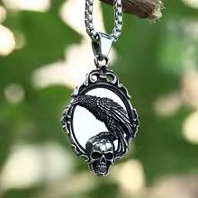 Gothic Stainless Steel Skull Head With Crow Pendant Necklace
