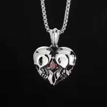 Skull Heart With Red Stone Pendant Necklace
