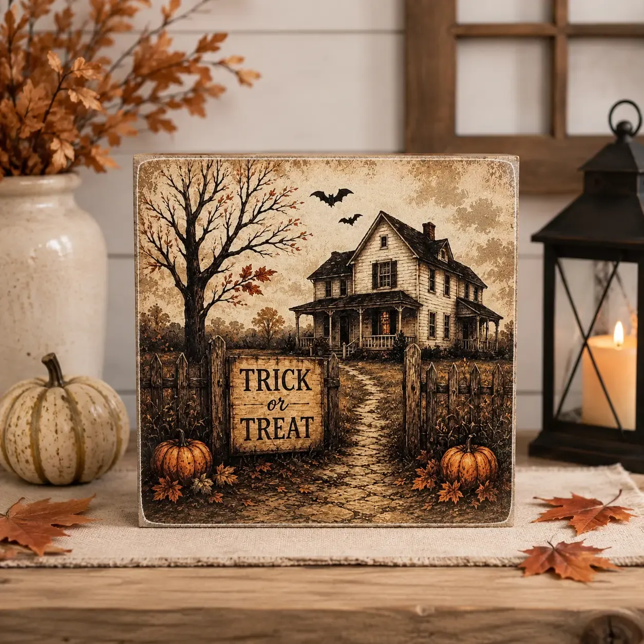 Haunted House – Halloween 4x4 Wood Decor Print