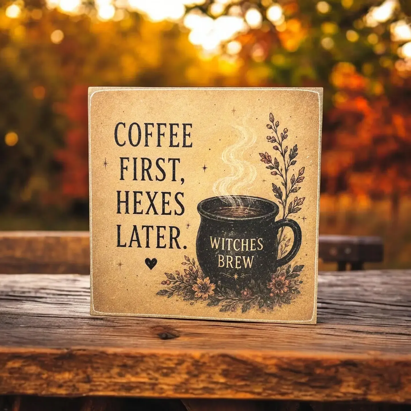 Coffee First Hexes Later – Halloween 4x4 Wood Decor Print