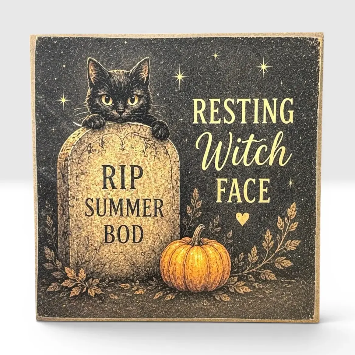 Resting Witch Face Cat – Halloween 4x4 Wood Decor Print