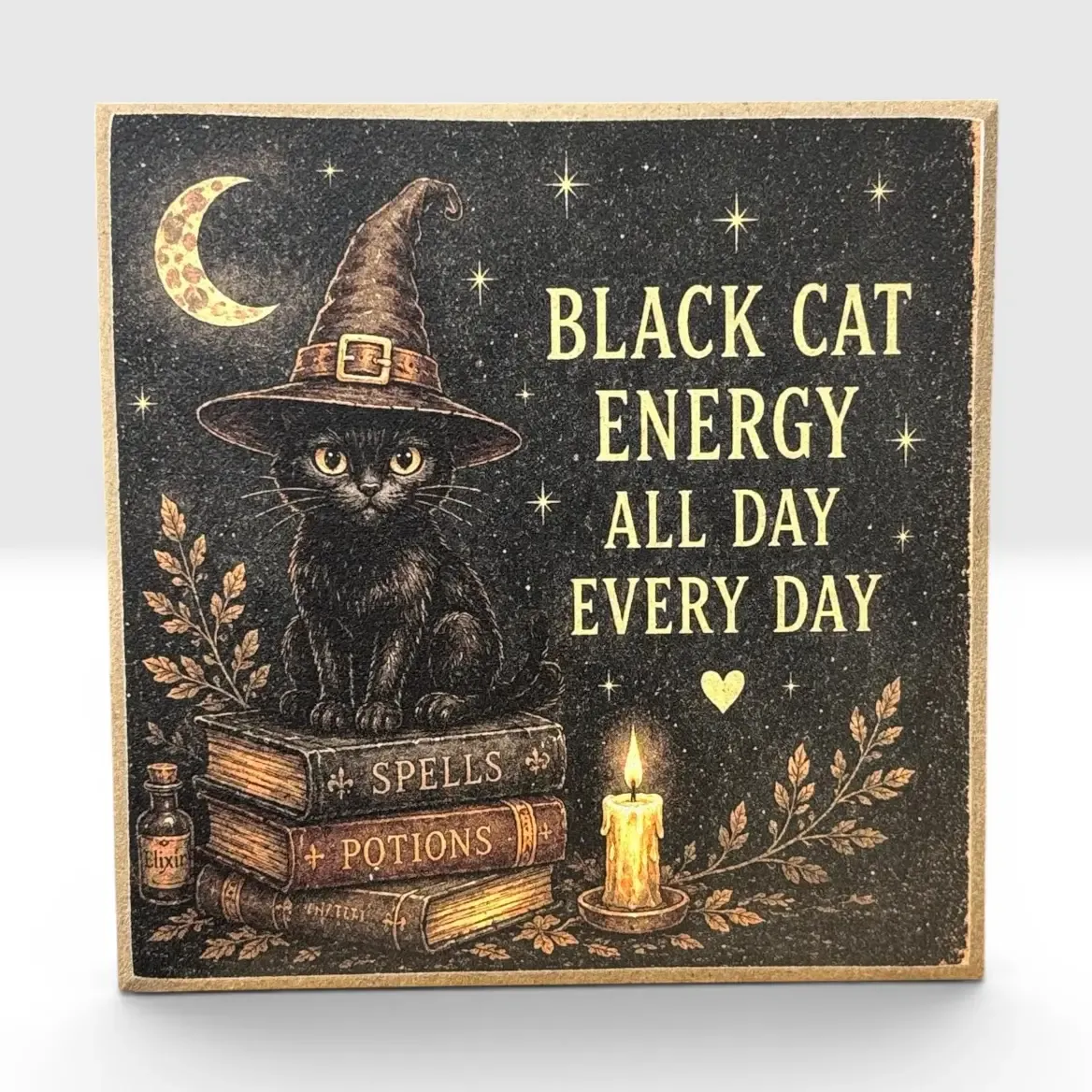 Black Cat Energy – Halloween 4x4 Wood Decor Print