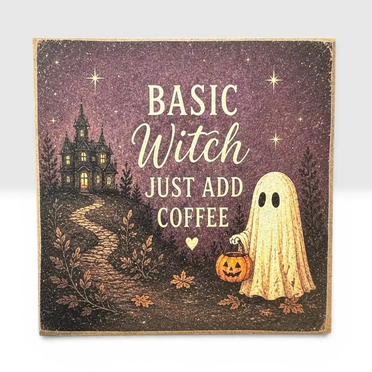 Basic Witch Coffee Ghost – Halloween 4x4 Wood Decor Print
