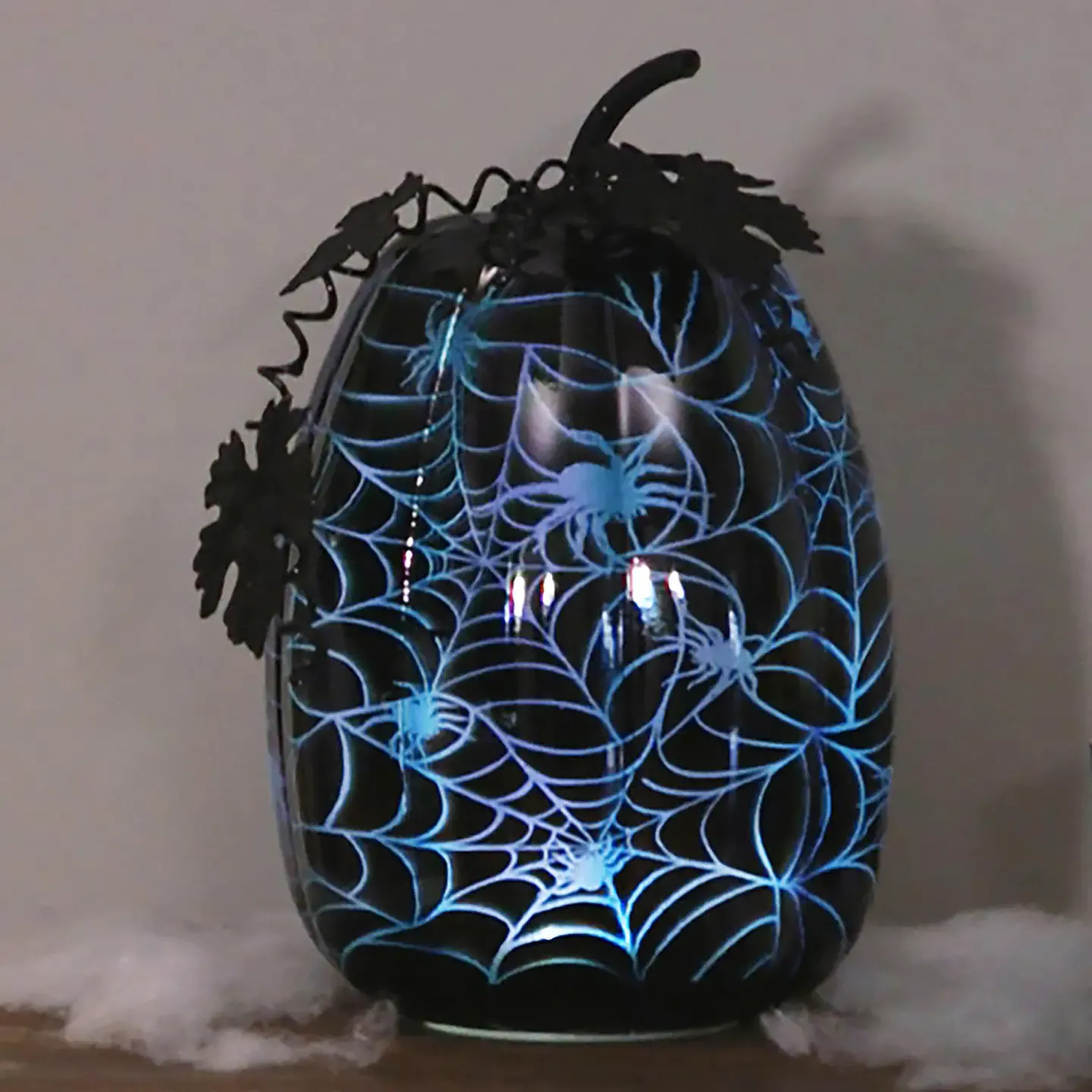 Mercury Glass Lighted Pumpkin Halloween Accent, Blue Spider