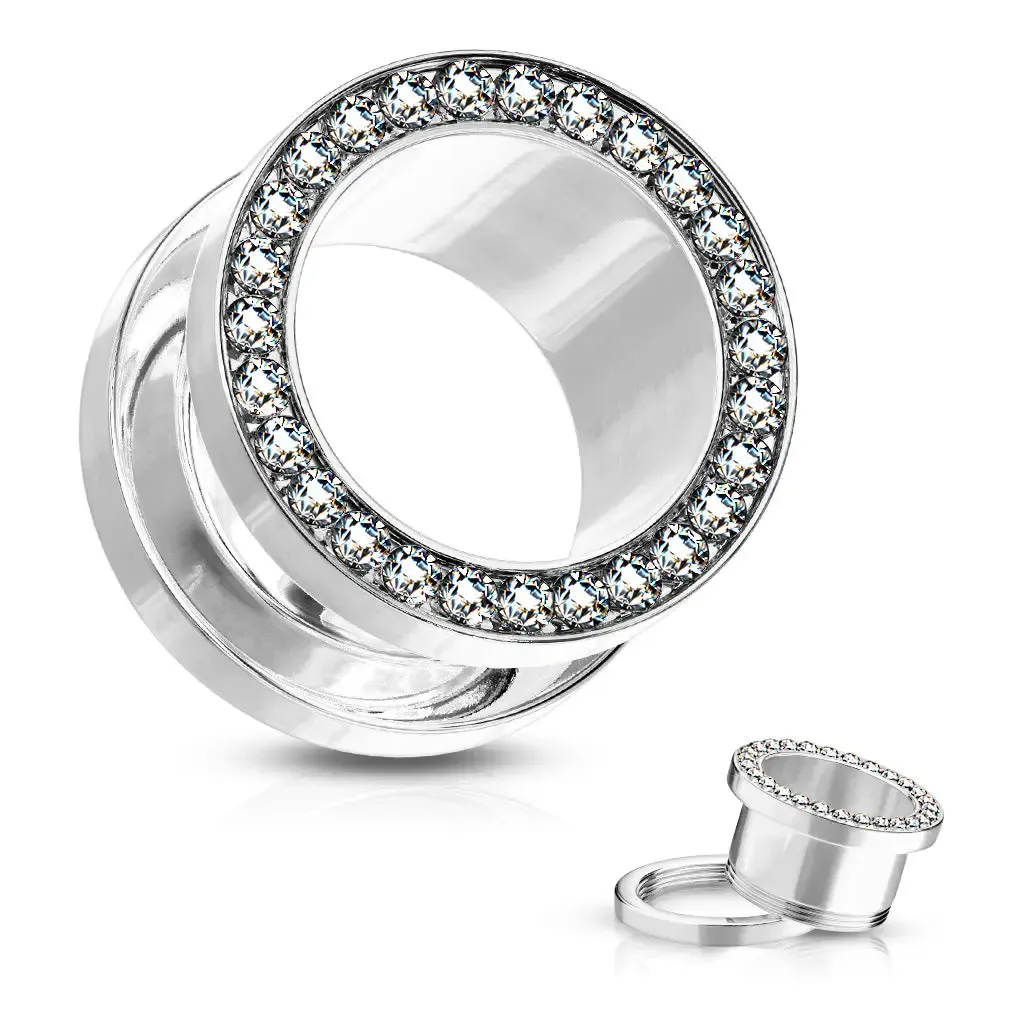 Pair Clear Cz Gem Rimmed Steel Screw Fit Tunnels 8G 3mm