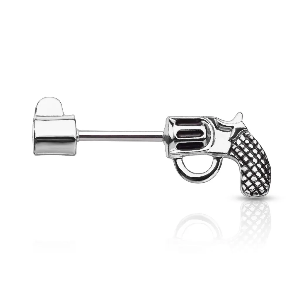Silver 14G 12mm Pair Revolver Gun Shaped Nipple Rings Shields Steel Barbells