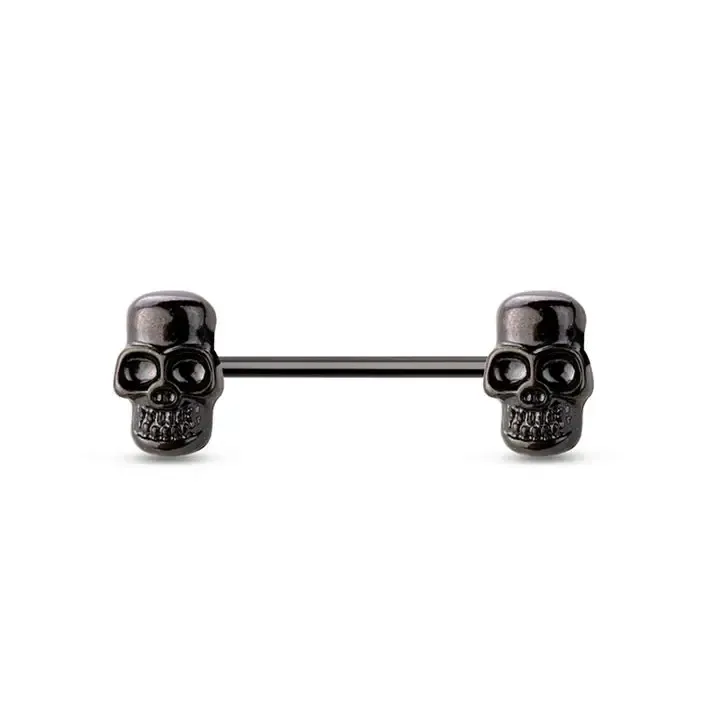 Black Skull Face 316L Surgical Steel Nipple Bar Pair 14G 5/8" Length