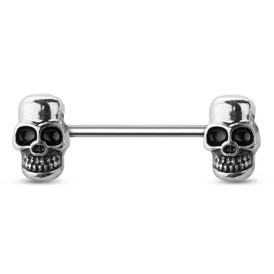 Silver Skull Face 316L Surgical Steel Nipple Bar Pair 14G 1.6MM 5/8" Length