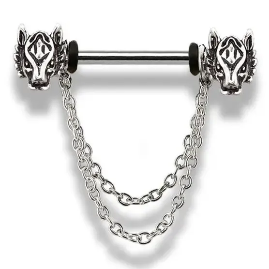 Wolf Head with Chain 316L Surgical Steel Nipple Bar Pair 14G 1.6MM 9/16" Length