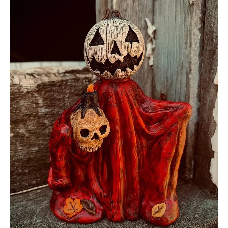 Red Halloween Pumpkin Skeleton Figurine Spooky Tabletop Decor