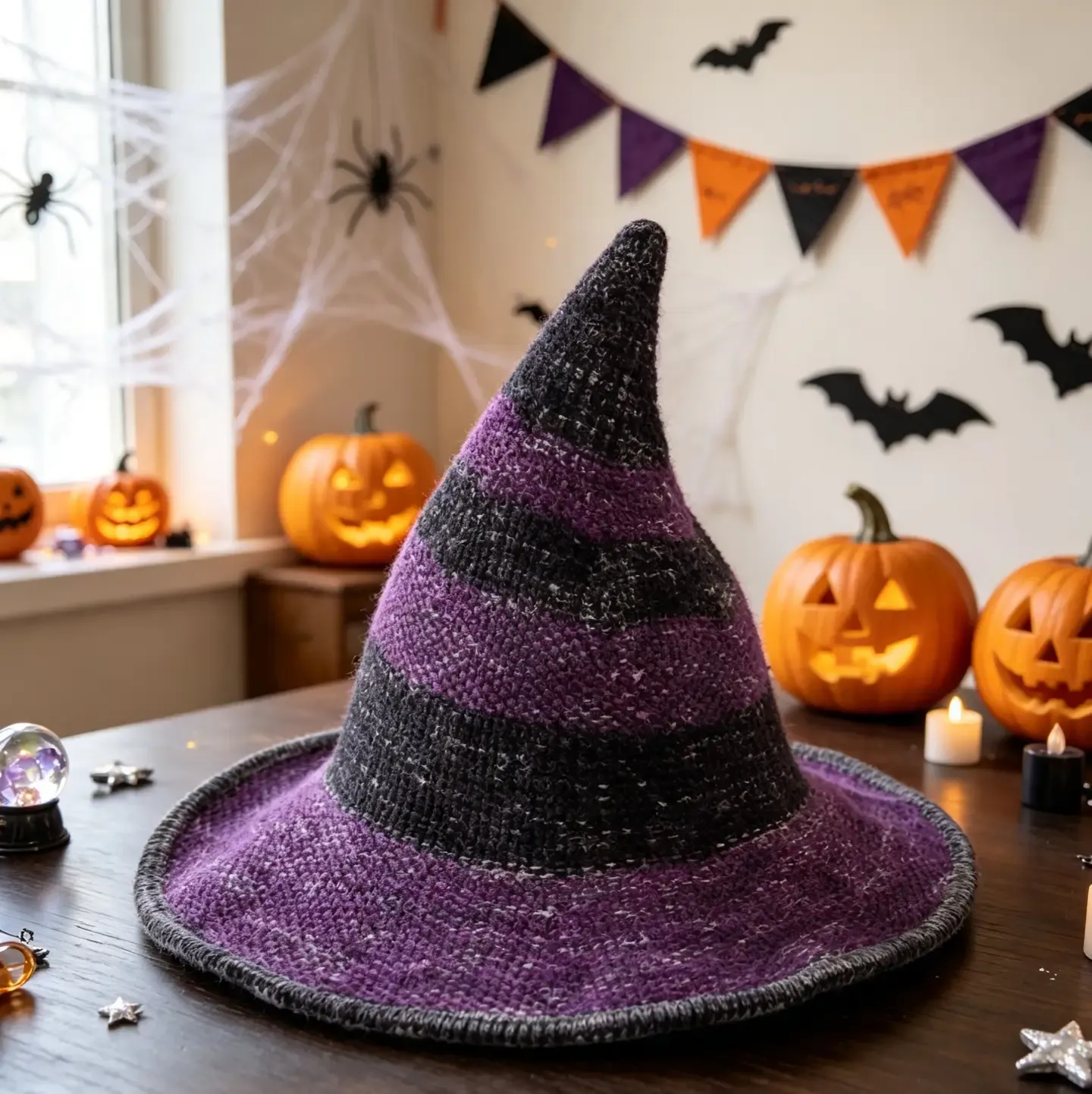 Striped Knit Witch Hat Purple Halloween Hat
