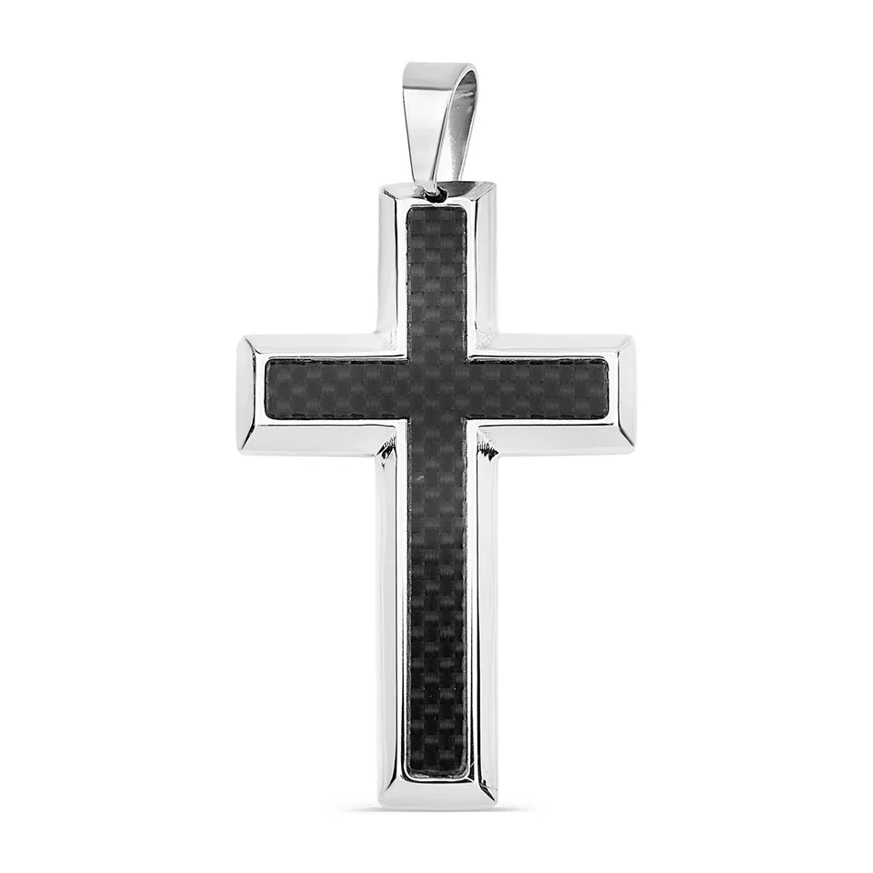 Stainless Steel Black Carbon Fiber Cross Pendant Stainless Steel Rounded Box Chain 24"