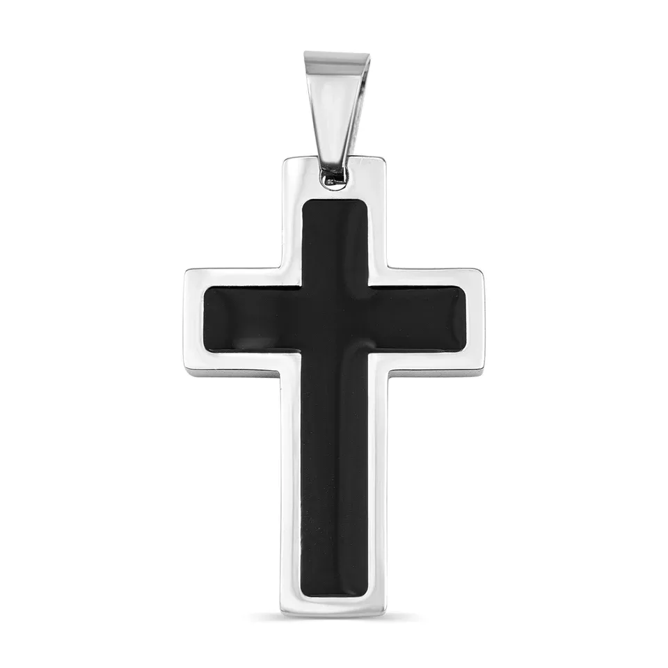 Stainless Steel &amp; Black Inlay Cross Pendant Black Stainless Steel Rounded Box Chain 26"