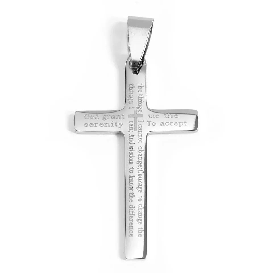 Stainless Steel Serenity Prayer Cross Pendant Rounded Box Chain 30"