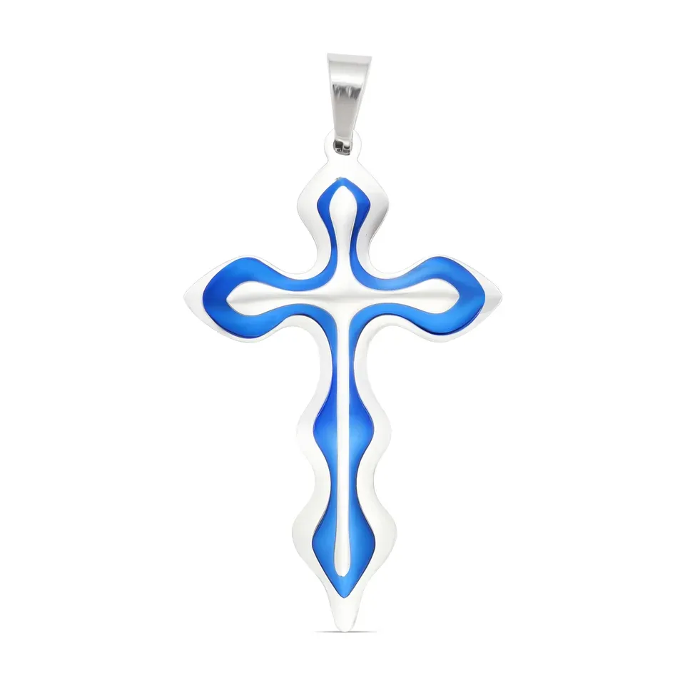 Stainless Steel And Blue Triple Layer Cross Pendant Rounded Box Chain 26"