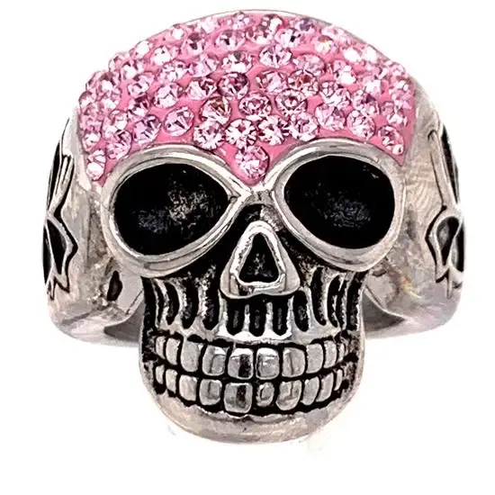 Skull with Tiny Pink Accent Cz Stones Stainless Steel Ring