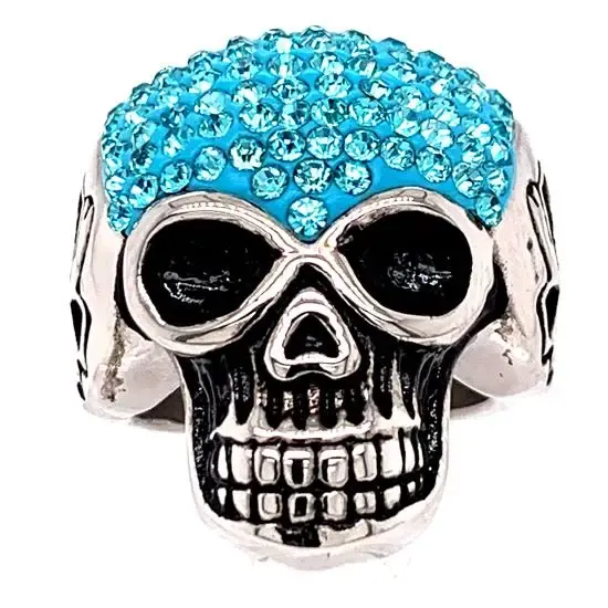 Stainless Steel Blue Cz Accented Skull Ring